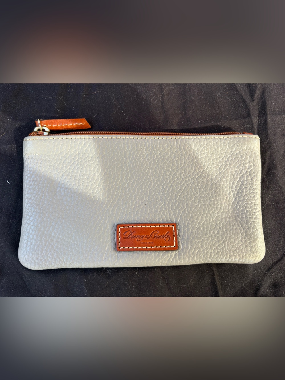 Dooney & Bourke Light Gray Pebbled Leather Zip Pouch with Tan Trim